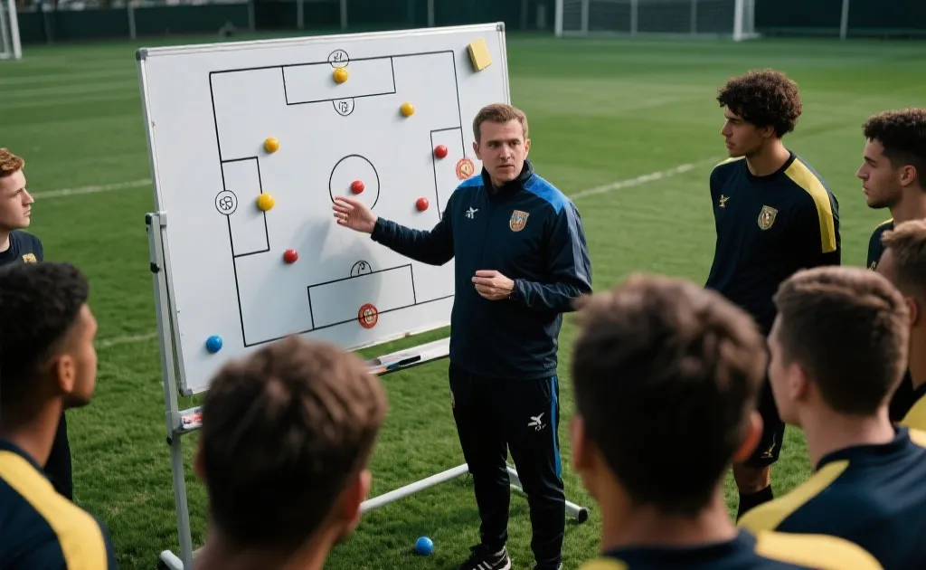 教练在战术板前布置球队战术，专注而自信